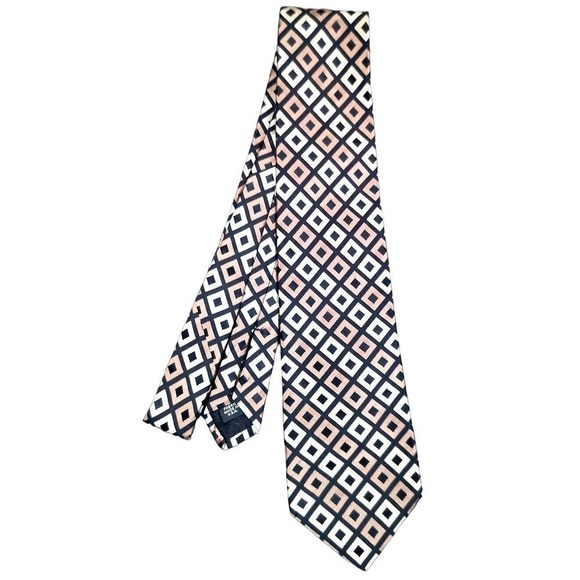 Murano Men 100% Silk Black Beige Taupe Square Stripe Geometric Tie - Picture 1 of 3